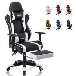 OHAHO Gaming Chair With Footrest Ergonomic Office Chair Adjustable Swivel Leather High Back Computer Desk Chair With Headrest And Lumbar Support (White)