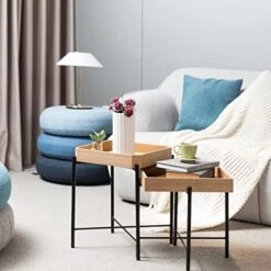 Starway End Tables Set Of 2, Wood Modern Coffee Nesting Table Night Stands Geometrical 2pcs, Snack Side Tables Bedside Tables With Metal Frame, For Living Room, Bedroom,and Easy Assembly