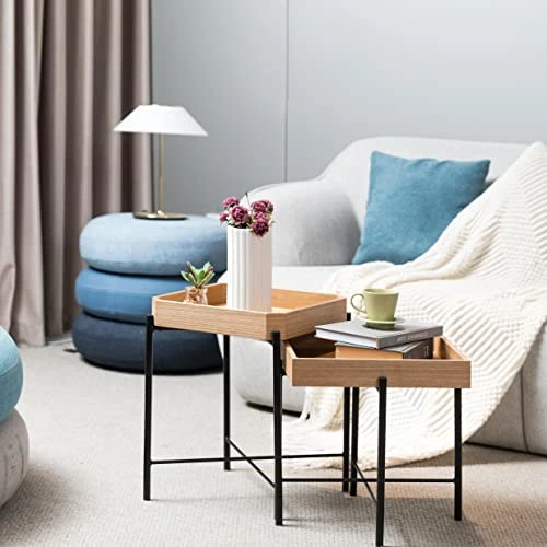 Starway End Tables Set Of 2, Wood Modern Coffee Nesting Table Night Stands Geometrical 2pcs, Snack Side Tables Bedside Tables With Metal Frame, For Living Room, Bedroom,and Easy Assembly