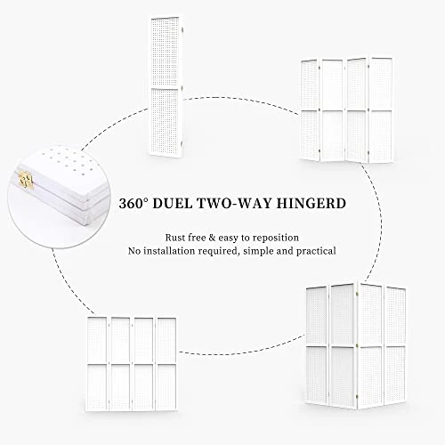 DURASPACE 4 Panel Room Divider 5.6 FT Pegboard Display Folding Wood Privacy Screen Pegboard Stand Organizer For Jewelry, Craft, Cloth, Art Display (White)