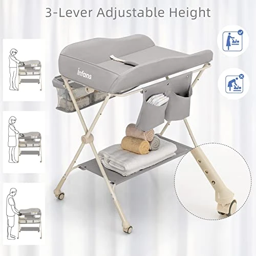 INFANS Portable Baby Changing Table, Folding Diaper Dresser Station With Wheels, Adjustable Height, Safety Belt, Drying And Storage Rack, Mobile Nursery Organizer Stand For Newborn Infant (Gray) - Image 3