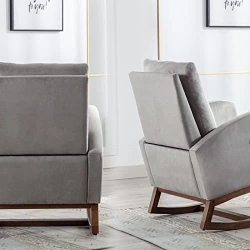 ONPNO Velvet Rocking Chair Nursery Glider Rocker Chair High Backrest Upholstered Accent Armchair With Side Pocket For Living Room Bedroom Office(Light Grey) - Image 3