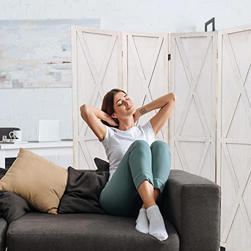 ECOMEX 4 Panel Room Divider 5.8 FT Foldable Panel, Privacy Wall Portable Room Dividers Screen Wood Room Mesh Durable Design Freestanding Wooden Separator(Cream X) - Image 3