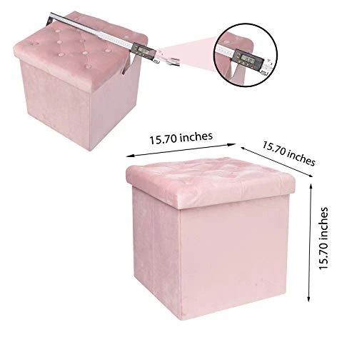 PINPLUS Folding Storage Ottoman Cube,Ottoman For Living Room,Velvet Tufted Ottoman With Cover Lid, Storage Shoes Box Toys Chest,15 Inches Ottoman Foot Rest Stool Seat For Bedroom (Pink) - Image 6