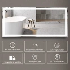 COZZIE Bathroom Vanity Mirror,60x28 Inch Lighted Vanity Mirror,3-Color 3000-6000k Dimmable Anti-Fog CRI 90+ Bathroom Mirrors For Wall(White/Natural/Warm Lights)