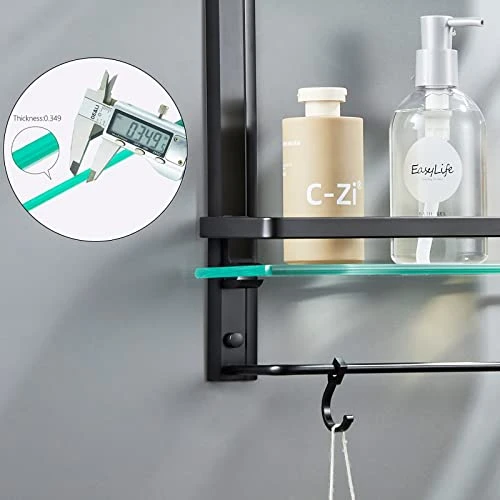 AIJALY Bathroom Glass Shelf,Aluminum Tempered Glass 0.34in Extra Thick Rectangular 2 Tier Storage Organizer Wall Mount,Black 15.7in - Image 3