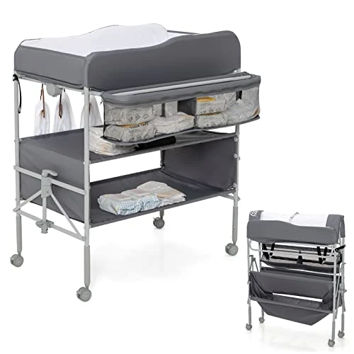 BABY JOY Portable Baby Changing Table, Foldable Infant Diaper Changing Station W/Storage Basket & Shelves, Clothes Rail, Height Adjustable Newborn Nursery Organizer W/ 4 Lockable Wheels (Gray) - Image 11