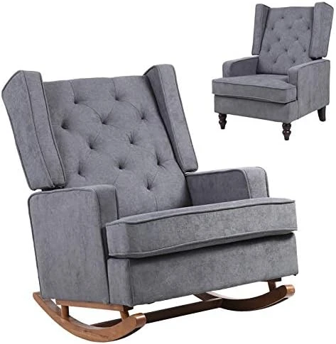 Dolonm Nursery Rocking Chair Upholstered Mid Century Modern Rocker Oversized Wingback Armchair For Living Room With Solid Wood Base (Beige) - Image 9