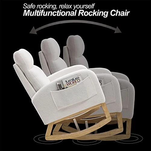 JEEOHEY Nursery Rocking Chair, Modern Upholstered Teddy Fabric Rocker Glider Chairs Single Sofa Chair With Solid Wood Legs, Side Pockets, White - Image 2