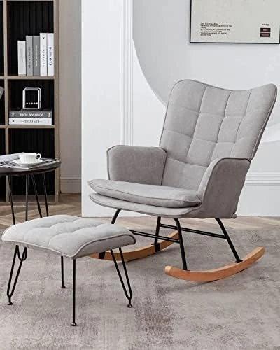 MELLCOM Rocking Chair With Ottoman, High Back Nursery Glider Rocker With Solid Wood Leg, Modern Upholstery Linen Fabric Armchair For Nursery, Living Room And Bedroom - Image 6