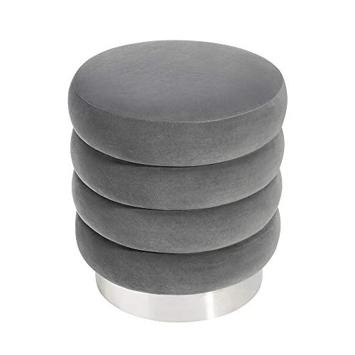 MEXIYA Della Grey Textured Velvet Ottoman With Silver Finish Stainless Steel Base,Pack Of 1 - Image 3