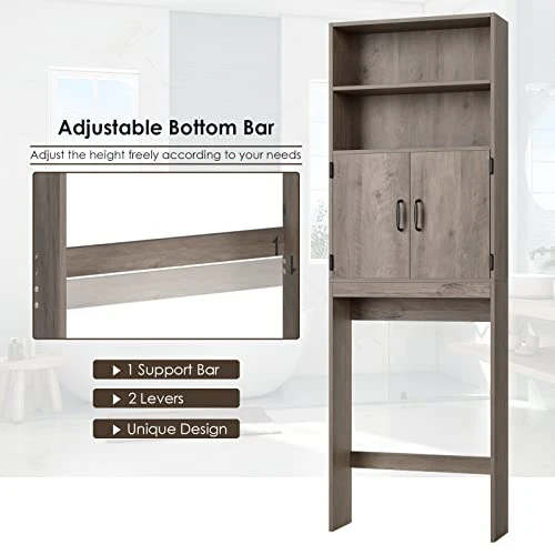 HOSTACK Over The Toilet Storage, Double Door Bathroom Organizer Toilet Cabinet, Freestanding Above Toilet Rack With Open Shelves And Adjustable Bottom Bar, 76.8 In H, Ash Gray - Image 2
