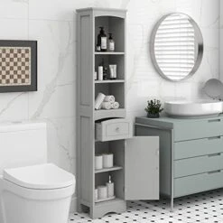 P PURLOVE Bathroom Storage Cabinet, Narrow Tall Slim Floor Cabinet With Drawers And 3 Tier Open Shelves, Tall Storage Cabinet With Door And Adjustable Shelf, For Bathroom, Living Room, Kitchen, Grey