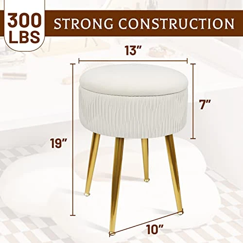 White Ottoman Vanity Stool With Storage - Flip Top Coffee Table Round Makeup Stool, Pleated Upholstered Velvet Stool With Gold Metal Legs,for Living Room, Bedroom - Image 2