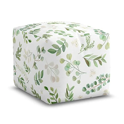 Sweet Jojo Designs Green Boho Floral Leaf Boy Girl Ottoman Pouf Cover Unstuffed Poof Floor Footstool Square Cube Pouffe Storage Baby Nursery Kids Room Sage White Bohemian Gender Neutral Watercolor