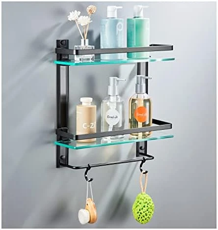 AIJALY Bathroom Glass Shelf,Aluminum Tempered Glass 0.34in Extra Thick Rectangular 2 Tier Storage Organizer Wall Mount,Black 15.7in - Image 6