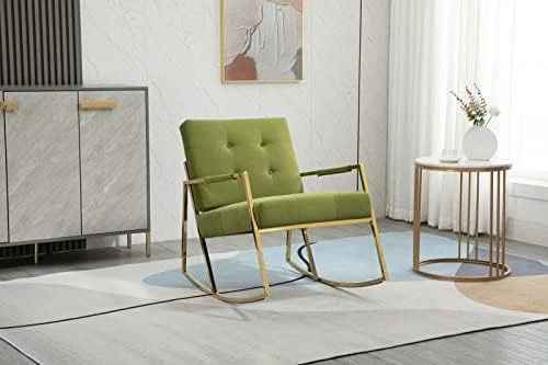 Velvet Accent Rocking Armchair, Modern Uplostered Tufted Nursery Glider Rocker With Armrest And High Backrest, Comfy Side Armchair For Living Room Apartment Bedroom Office (Orange) - Image 8