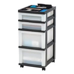 IRIS USA Craft Plastic Organizers And Storage, Rolling Storage Cart For Classroom Supplies, Storage Organizer For Art Supplies, Drawer Top Organizer For Small Parts, 4 Drawer, Black/Pearl