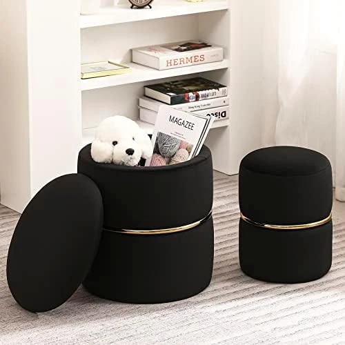 Furnimart Round Bronzing Velvet Storage Ottoman,Vanity Stool Chair,Upholstered Foot Rest Stool With Gold Plating Band For Living Room Or Bedroom,Pack Of 2 - Image 12