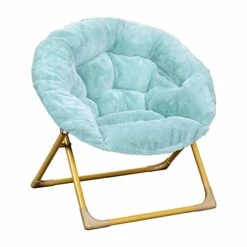Flash Furniture Gwen Oversize Folding Saucer Chair - Dusty Aqua Faux Fur Moon Chair - Soft Gold Metal Frame - 23" Portable Folding Chair - For Dorm And Bedroom