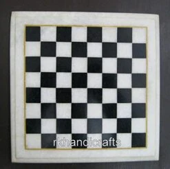 09 X 09 Inches Square Shape Chess Board Geometric Pattern Inlaid Marble Coffee Table Top For Chess Lover