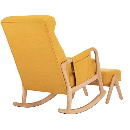Rocking Chair With Ottoman, Mid-Century Modern Rocking Armchair, High Back Nursery Rocker With Button Tufted Back, Accent Glider Rocker Chair With Side Pocket For Living Room Bedroom, Yellow - Image 5
