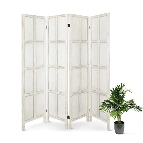 ECOMEX Room Divider 4 Panel, Wood Folding Room Divider Privacy Screens, Freestanding Partition Room Divider Screen Partial Partition For Bedroom, Office, Study,Ivory White