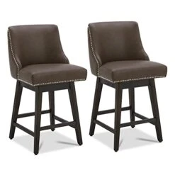 CHITA Counter Height Swivel Barstools, 26" H Seat Height Upholstered Bar Stools Set Of 2, Faux Leather In Chocolate