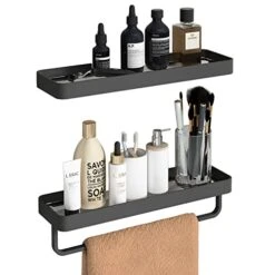 Dancrul Bathroom Shelf, Glass Bathroom Shelves Wall Mounted, Rectangular Floating Shelves, Shelves For Wall Decor, Bathroom Organizer, Matte Black Set