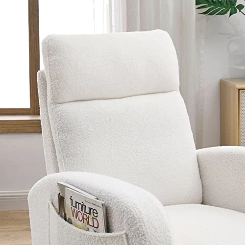JEEOHEY Nursery Rocking Chair, Modern Upholstered Teddy Fabric Rocker Glider Chairs Single Sofa Chair With Solid Wood Legs, Side Pockets, White - Image 3