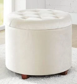 Ornavo Home Donovan Tufted Round Storage Ottoman With Removable Lid For Living Room And Bedroom - Cream Velvet