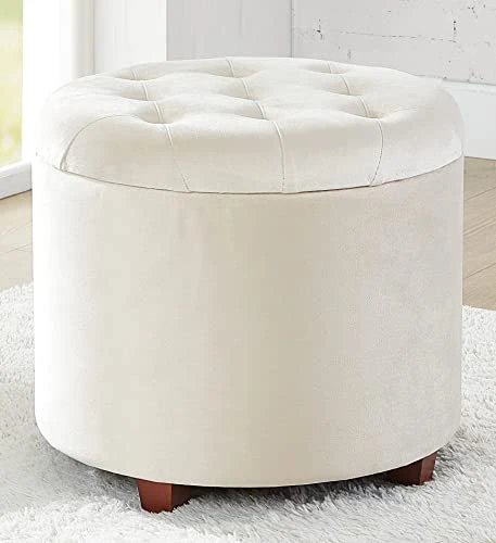 Ornavo Home Donovan Tufted Round Storage Ottoman With Removable Lid For Living Room And Bedroom - Cream Velvet
