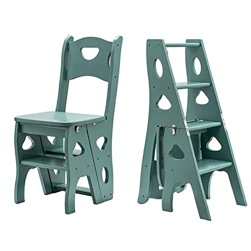 Wooden Folding Library Ladder Chair,Lightweight Portable Ladder Shelf,Multifunctional Step Stool,4-Step Stepladders Display Stand For Indoor Outoor, Green, 35x47.5x88cm(14x19x35inch)