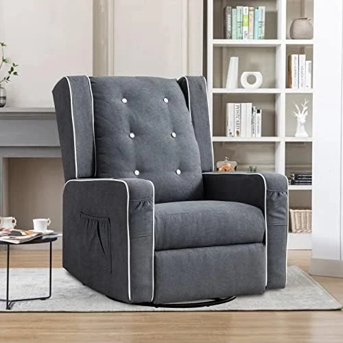 Oprisen Swivel Rocking Recliner Chair Overstuffed Wingback Glider Chair For Nursery, Manual Swivel Recliner With Side Pockets Cup Holders (Blue Gray) - Image 5