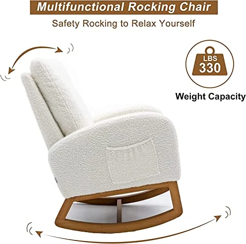 Nursery Rocking Chair,Upholstered Fabric Accent Armchair,Wooden Padded Seat With 2-Side Pocket,Nursing Chair With Rubber Wood Legs,Glider Chair For Nursery,Living Room,Home Office (White Line) - Image 5