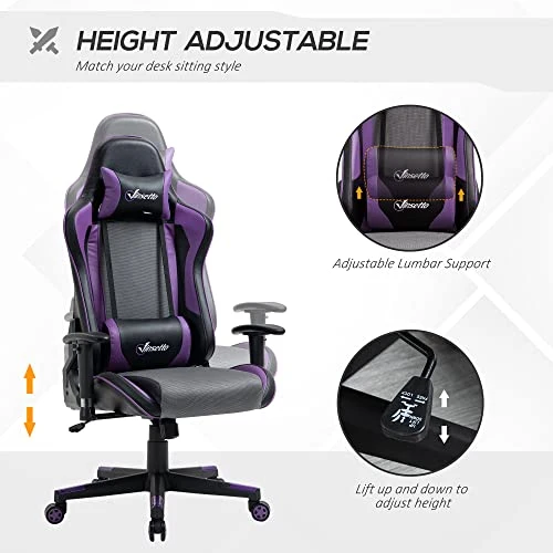Vinsetto Gaming Chair Racing Style Ergonomic Office Chair High Back Computer Desk Chair Adjustable Height Swivel Recliner With Headrest And Lumbar Support, Purple - Image 4