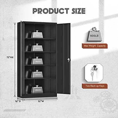 Superday Locking Metal Storage Cabinets, 71" Lockable Steel Storage Cabinet, Tall Black Cabinet With 2 Doors And 4 Adjustable Shelves For Garage, Home Office, Classroom, Pantry, File, Easy Assemble - Image 2