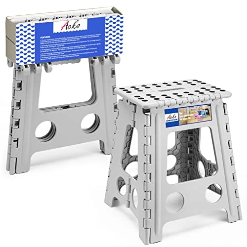 ACKO Folding Step Stool 16 Inch Stool 400 LB Weight Capacity Plastic Foldable Step Stools For Adults And Kids, Folding Stool Suitable For Kitchen, Stepping Stool With Handle Grey Step Stool 1PC