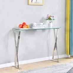 Modern Console Table Entryway Table With Tempered Glass Top, X-Shaped Stainless Steel Legs, Narrow Console Sofa Table For Entryway,Living Room,Hallway 41.7 X 11.8 X 30.7inch (WxDxH)