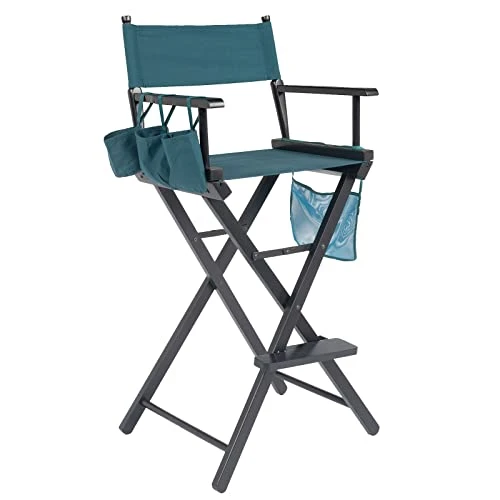 Tall Director Artist Makeup Chair - Solid Hardwood And Polyester Folding Makeup Chair With Portable Storage Side Bags And Bottle Rack - 250 Lbs Capacity Collapsible Chair With Footrest - Dark Green