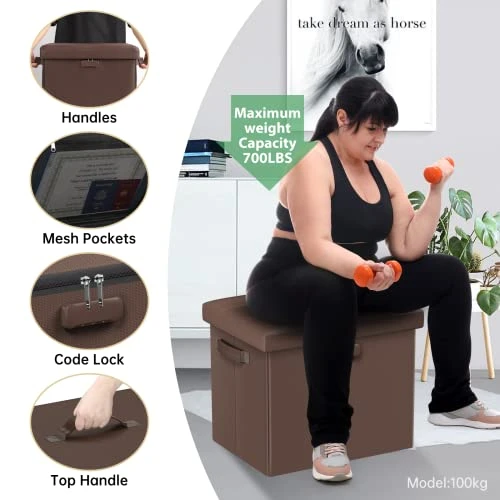 DocSafe Storage Ottoman With Lock,Fireproof Folding Ottoman Foot Rest Stool Storage Chest With Storage Safe For Important Documents,Waterproof 17 Inches Short Ottoman Foot Stool With Hanldes,Brown