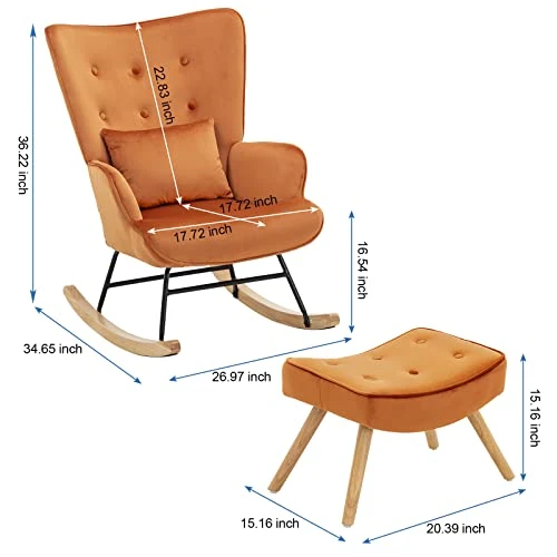 Artechworks Modern Velvet Rocking Chair, Glider Chair With Ottoman Cushion, Nursery Mid Century Upholstered Tufted Chair Rocking Armchair Rocker Accent Chair For Livingroom, Balcony, Caramel - Image 3