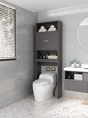 Over The Toilet Storage, 3 Tier Over Toilet Bathroom Organizer With 2 Open Shelves And 1 Cabinet, Above Toilet Storage Cabinet With 2 Doors, Bathroom Space Saver For Restroom (Gray, 24.8"x7.8"x76.8") - Image 7