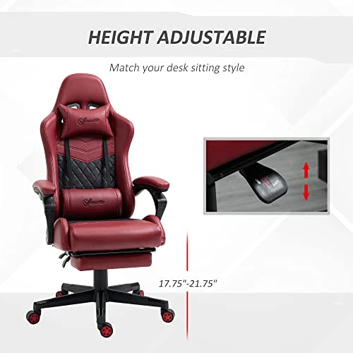 Vinsetto Racing Gaming Chair Diamond PU Leather Office Gamer Chair High Back Swivel Recliner With Footrest, Lumbar Support, Adjustable Height, Red - Image 3