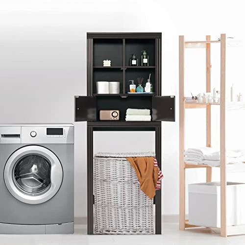 LOKO Over The Toilet Storage Cabinet, 2-Door Tall Bathroom Organizer W/ 4 Open Compartments & Adjustable Shelves, Modern Simple Toilet Space Saver, Ideal For Bathroom Laundry Balcony (Espresso) - Image 3