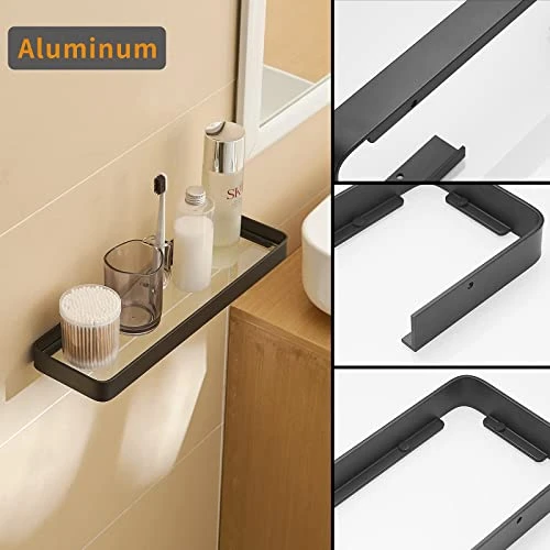 Danpoo Black Floating Shelf Bathroom Wall Shelf, 16" Tempered Glass Shelf Wall Mounted - Image 2