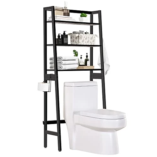 MallKing Over The Toilet Storage, Wooden 3-Tier Over-The-Toilet Rack Bathroom Space Saver Organizer, Freestanding Above Toilet With Toilet Paper Holder And Hooks (Black)