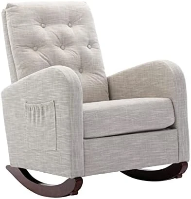 Obuvar Upholstered Rocking Chair For Nursery, Accent Glider Rocker With Two Pockets, Comfy Armchair With Tall Backrest And Double Layer Cushion, Baby Nursery Glider For Living Room, Bedroom (White) - Image 9