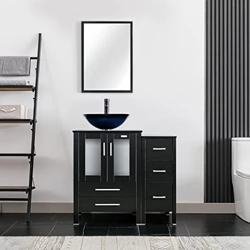 Eclife 36" Black Bathroom Vanity W/Black Side Cabinet Combo Modern Pedestal Cabinet Set Pedestal Stand Wood With Bathroom Vanity Mirror Drawers Soft Closing Cabinet Doors Set (B02B11) - Image 8