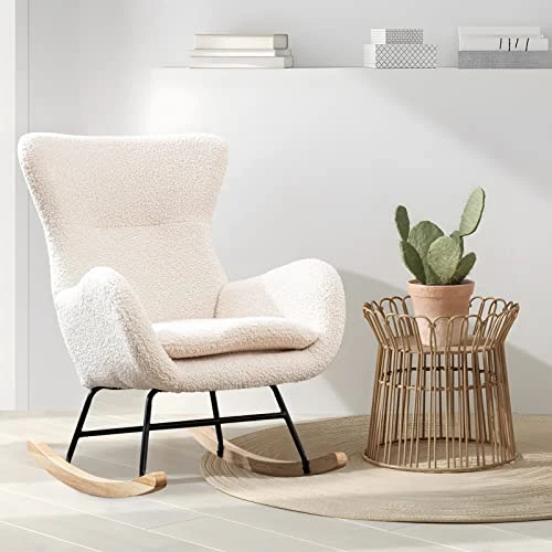 GEEVIVO Teddy Velvet Rocking Chair, Upholstered Accent Glider Rocker For Baby Nursery, Comfy Armchair Side Chair With High Backrest With High Backrest For Living Room, Bedroom (Beige, Teddy Velvet)